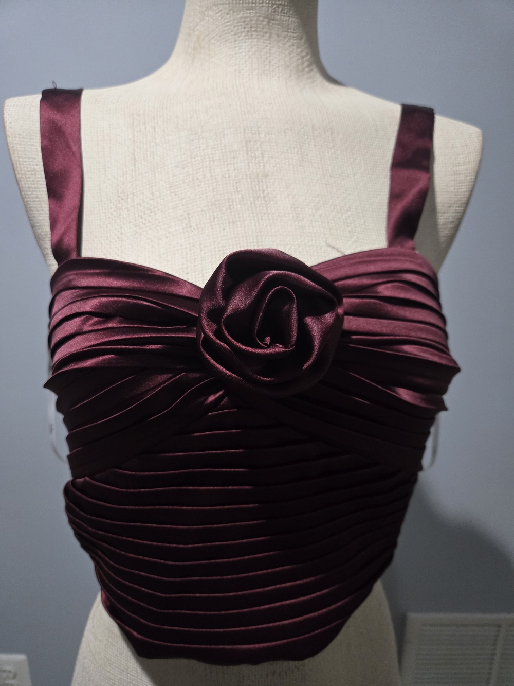 Lulu's Satin Rose-Front Burgundy Crop Top - Picture 3 of 6
